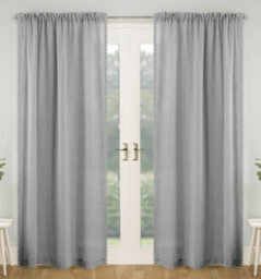 Tyrone Textiles Pair Of Tahiti Grey Pom-Pom Trim Linen Look Voile Panels With Rod Pocket Header 122 Cms - thumbnail 5