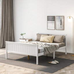 Wooden Bed Frame With Headboard And Footboard, Pine Wood Bed For Kids Bedroom, Ivory - thumbnail 1