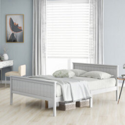 Wooden Bed Frame With Headboard And Footboard, Pine Wood Bed For Kids Bedroom, Ivory - thumbnail 3