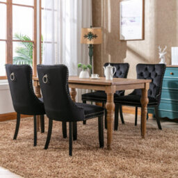 Btm Set Of 4 Modern Velvet Dining Chairs, Button Tufted With Solid Wood Legs And Knocker Ring For Dining Or Living Room (Black)