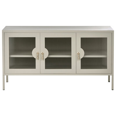 Wyld And Coco Moderna Home 3 Door Sideboard Light Beige Powder-Coated Steel Cabinet With Fluted Glass Fronts - image 1