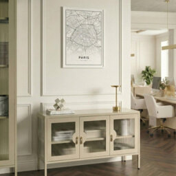 Wyld And Coco Moderna Home 3 Door Sideboard Light Beige Powder-Coated Steel Cabinet With Fluted Glass Fronts - thumbnail 2