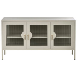 Wyld And Coco Moderna Home 3 Door Sideboard Light Beige Powder-Coated Steel Cabinet With Fluted Glass Fronts - thumbnail 1