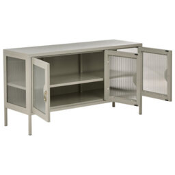 Wyld And Coco Moderna Home 3 Door Sideboard Light Beige Powder-Coated Steel Cabinet With Fluted Glass Fronts - thumbnail 6