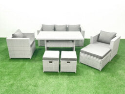 Fimous Garden Dining Set Outdoor Rattan Furniture Set Sofa Dining Table 2 Chairs 3 Stools Light Grey