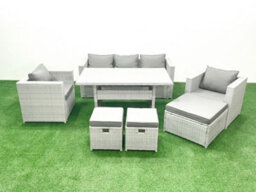 Fimous Garden Dining Set Outdoor Rattan Furniture Set Sofa Dining Table 2 Chairs 3 Stools Light Grey - thumbnail 2