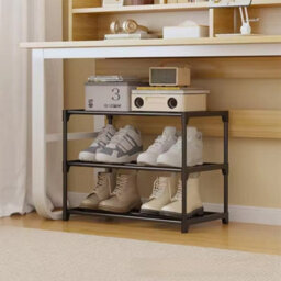 3-Tier Slim Freestanding Shoe Storage Rack Organiser - Black Metal & Plastic - thumbnail 5