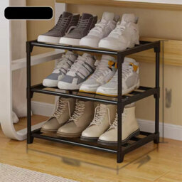 3-Tier Slim Freestanding Shoe Storage Rack Organiser - Black Metal & Plastic - thumbnail 4