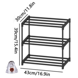3-Tier Slim Freestanding Shoe Storage Rack Organiser - Black Metal & Plastic - thumbnail 2