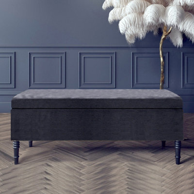 137Cm Paris Plain Ottoman Storage Bench -Naples Shoes Bench With Black Turned Wooden Legs - Charcoal Upholstery Storage Footstool - image 1