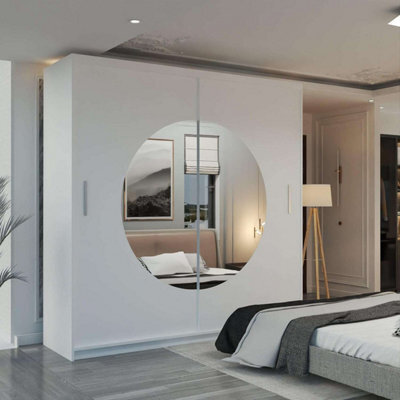 Sliding Wardrobes 4 u LTD Modern Sliding Wardrobe Big Round Mirror With Led Light - Bedroom Cabinet, White 150Cm And 203Cm - image 1