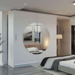 Sliding Wardrobes 4 u LTD Modern Sliding Wardrobe Big Round Mirror With Led Light - Bedroom Cabinet, White 150Cm And 203Cm