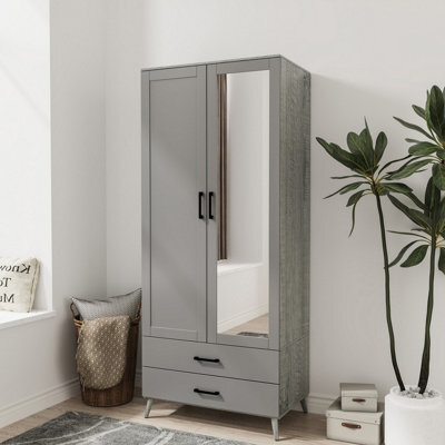 Urbn-Living Urbnliving 180Cm Height Ash Grey Wardrobe With Mirror 2 Door 2 Drawer Bedroom Clothes Storage Hanging Rail - image 1