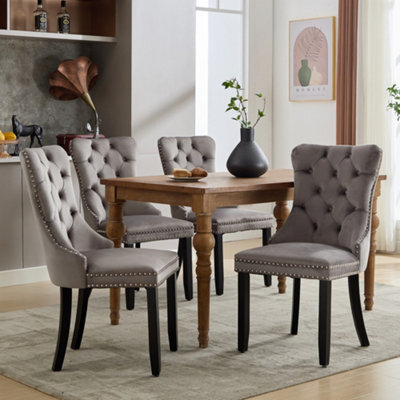 Matteo Set Of 4 Modern Upholstered Velvet Dining Chairs With Button Tufted Back & Knocker Ring - Grey - image 1