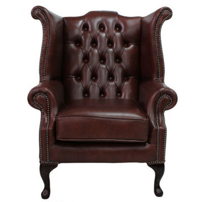 Chesterfield High Back Wing Chair Byron Conker Leather In Queen Anne Style - image 1
