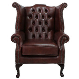 Chesterfield High Back Wing Chair Byron Conker Leather In Queen Anne Style - thumbnail 1