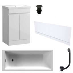 FNX Bathrooms Waterproof 600mm Vanity Unit With Single Ended Bath Gloss White Front Panel Matt Black Bath & Slotted Basin Waste Set - thumbnail 1