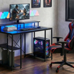 Wyld and Coco Novatech Gaming Desk - Black Mdf Tabletop, Powder-Coated Iron Frame, Integrated Led, 3 Shelves - thumbnail 2