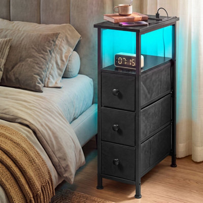 Levede Slim Bedside Table With Charging Station Led Light 3 Drawers Black - image 1