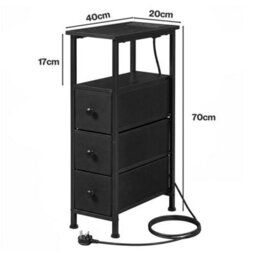 Levede Slim Bedside Table With Charging Station Led Light 3 Drawers Black - thumbnail 4