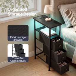 Levede Slim Bedside Table With Charging Station Led Light 3 Drawers Black - thumbnail 7