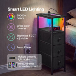 Levede Slim Bedside Table With Charging Station Led Light 3 Drawers Black - thumbnail 5