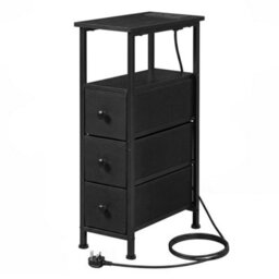 Levede Slim Bedside Table With Charging Station Led Light 3 Drawers Black - thumbnail 2