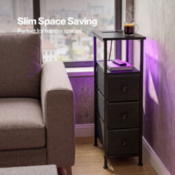Levede Slim Bedside Table With Charging Station Led Light 3 Drawers Black - thumbnail 8