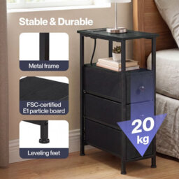 Levede Slim Bedside Table With Charging Station Led Light 3 Drawers Black - thumbnail 9