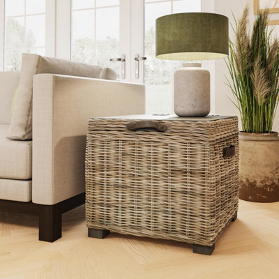 Fwstyle Kubu Rattan Lift Up Greywash Pine Storage Side Table Ready Assembled - image 1