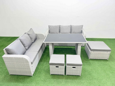 Fimous 9 Seater Rattan Outdoor Dining Table 3 Seater Sofa Set With 3 Stools Light Grey - image 1