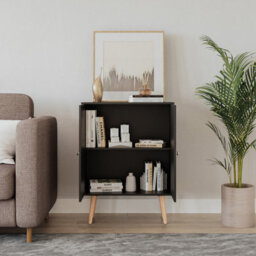 Urbn-Living Urbnliving 60Cm Height 2 Tier Black Wooden Bookcase With Black Door Scandinavian Style Beech Legs Bedroom Shelf - thumbnail 2