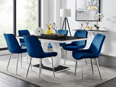 Furniturebox Giovani Rectangular 6 Seat White High Gloss Unique Halo Base Dining Table Black Glass Top 6 Navy Velvet Silver Leg Pesaro Chairs - image 1