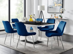 Furniturebox Giovani Rectangular 6 Seat White High Gloss Unique Halo Base Dining Table Black Glass Top 6 Navy Velvet Silver Leg Pesaro Chairs