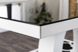 Furniturebox Giovani Rectangular 6 Seat White High Gloss Unique Halo Base Dining Table Black Glass Top 6 Navy Velvet Silver Leg Pesaro Chairs - thumbnail 7