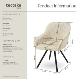 Tectake Set Of 2 Lounge Armchair Living Room Accent Chair 360 Swivel Slim Steel Legs Velvet Fabric   - Cream - thumbnail 6