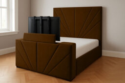 Royal View Velvet Upholstered Smart Tv Bed Frame - Plush Velvet, Brown