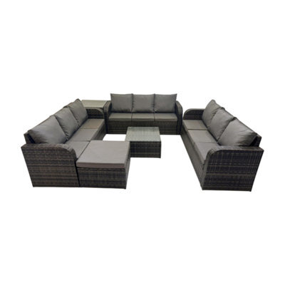 Fimous Rattan Garden Outdoor Furniture Set 3 Seater Sofa Square Coffee Table Set With Big Stool Side Table Dark Grey Mixed - image 1