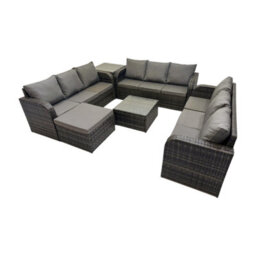Fimous Rattan Garden Outdoor Furniture Set 3 Seater Sofa Square Coffee Table Set With Big Stool Side Table Dark Grey Mixed - thumbnail 2