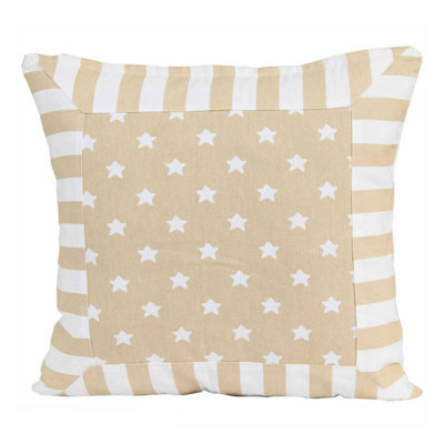 Homescapes Cotton Beige Stripe Border And Stars Cushion Cover, 60 X 60 Cm