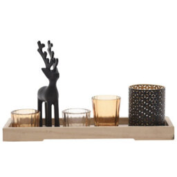 Urbn-Living Urbnliving Height 10Cm 6 Pcs Reindeer Tealight Holder In Wooden Candle Tray Christmas Table Mantelpiece