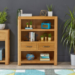 The Furniture Market Soho Oak Curved Small Compact Low Bookcase With 2 Drawers