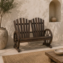 Wyld Haus Basetti Fir Wood Slatted Natural Love Seat With Wheel-Style Armrests - 2-Seater Rustic Garden Bench - thumbnail 1