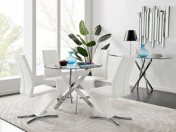 Furniturebox Novara Clear Tempered Glass 100Cm Round Dining Table With Chrome Starburst Legs & 4 White Willow Faux Leather Chairs - thumbnail 1