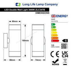 Long Life Lamps Company Modern 11W Led Double Outdoor Wall Light Black Warm White Zlc347B - thumbnail 2