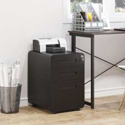 Vinsetto 3 Drawer Modern Steel Filing Cabinet W/ 4 Wheels Lock Pencil Box Black - thumbnail 1