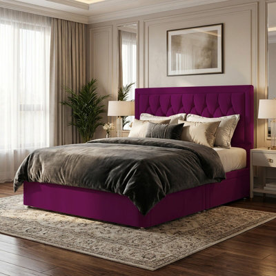 "Adore Designs Diamond Cut Bumper Plush Velvet Divan Bed, 50"" Headboard & Mattress - 4Ft6 Double - Burgundy - 2 Drawers Same Side" - image 1
