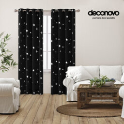 Deconovo Silver Star Foil Printed Blackout Curtains, Thermal Insulated Curtains Eyelet Curtains, W66 X L72 Inch, Black, 2 Panels - thumbnail 4