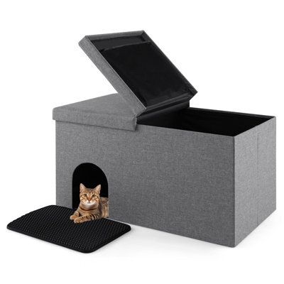 Costway 3-In-1 Cat Litter Box Enclosure Hidden Cat Washroom Ottoman Shoe Bench Flip-Up - image 1