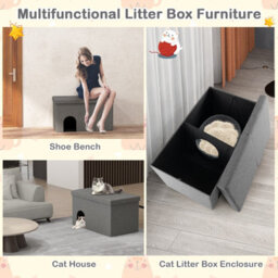Costway 3-In-1 Cat Litter Box Enclosure Hidden Cat Washroom Ottoman Shoe Bench Flip-Up - thumbnail 5